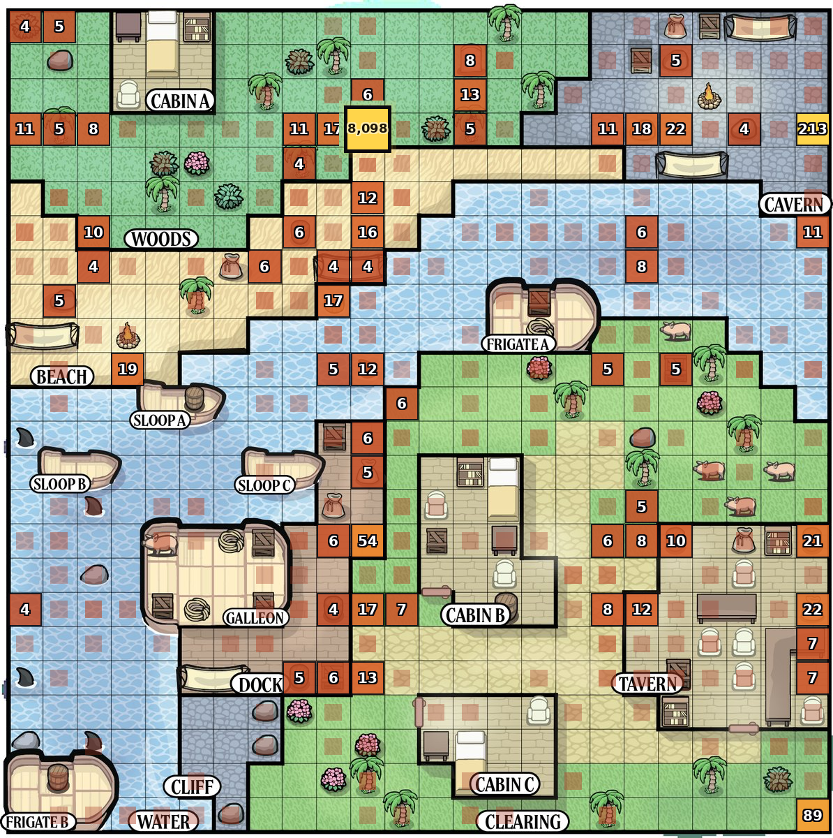 Heatmap of all guesses on the 24 by 24 island grid, treasure marked at row 4 column 11